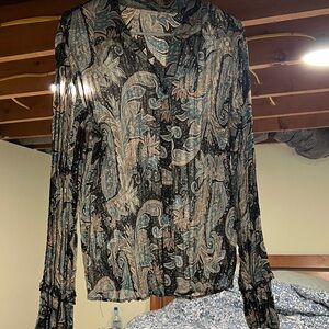 Apt. 9 Black, Teal and Tan Paisley Button-Up Blouse